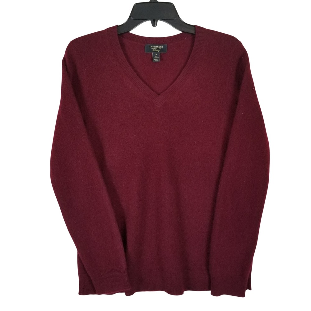 Charter Club Sweater Women Medium Burgundy 100% Cashmere V-Neck Luxury Knit